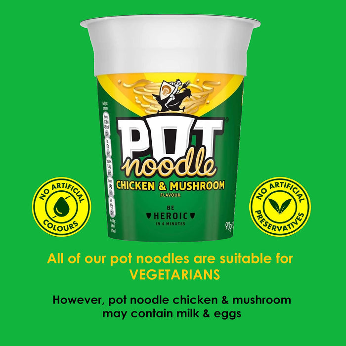 Chicken & Mushroom Pot Noodle Multipack - Pack of 12 x 90g Instant Pot Noodles with Topline Card. Chicken Soup Snack Pots Bulk Buy for Camping Food, Picnics or School Holidays.