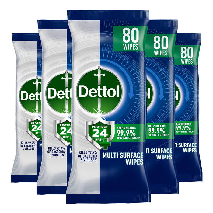 Dettol Protect 24 Multipurpose Antibacterial Wipes, 5 Pack of 80, Total 400, Long-Lasting Germ Protection, Ideal for Home, Office, Travel, First Aid Bag Essential