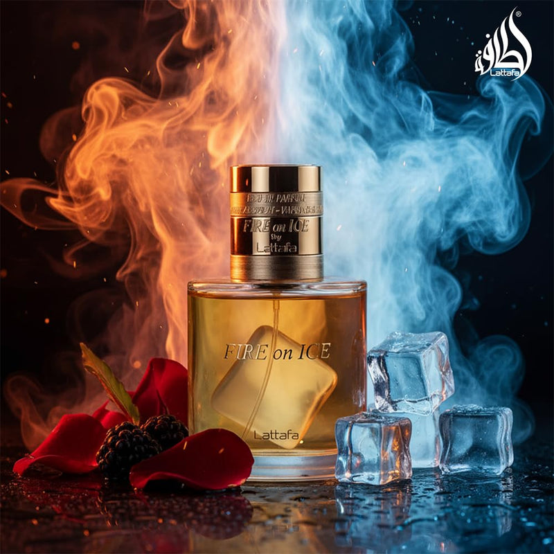 Lattafa Fire On Ice 110ml Eau de Parfum Unisex Perfume | Bold Black Raspberry Frozen Rose Oakwood & Ambroxan | Long-Lasting Scent for Men & Women