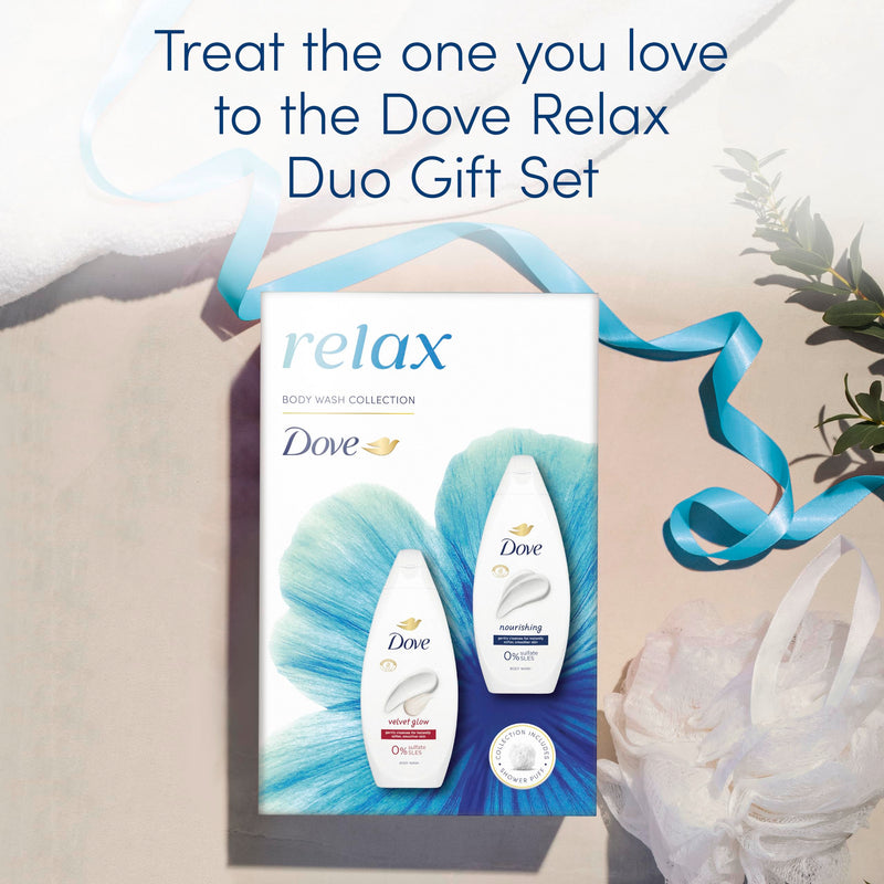 Dove Relax Duo Gift Set Body Wash Collection with a shower puff perfect gifts for her 2 piece