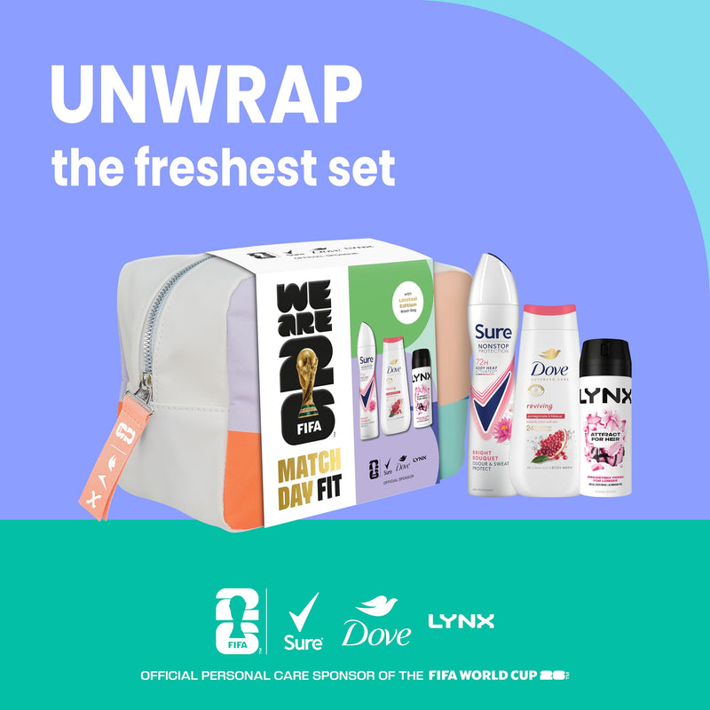 Dove, Lynx, Sure Washbag for Her Gift Set with an advanced anti-perspirant, body wash, body spray & a limited edition wash bag Match Day Fit for her 3 pc