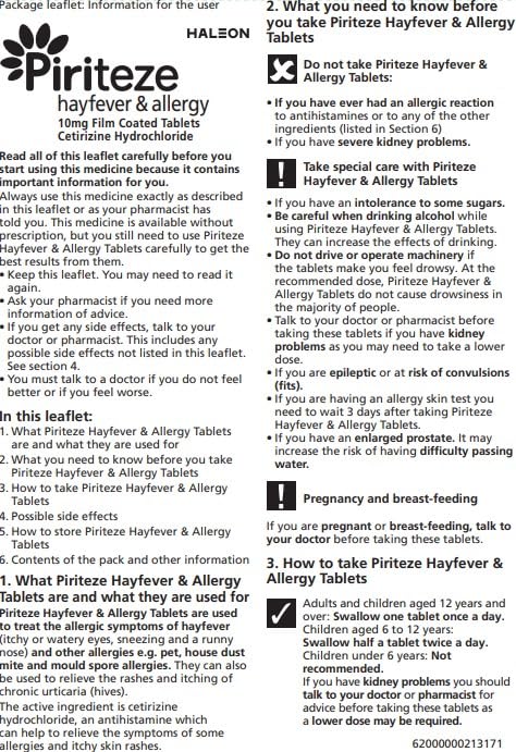 Piriteze Allergy Relief Antihistamine Tablets (60) & Pirinase Hayfever Once Daily Nasal Spray Bundle - Hayfever Tablets with Cetirizine - Hayfever Nasal Spray - Allergy Tablet & Sinus Relief
