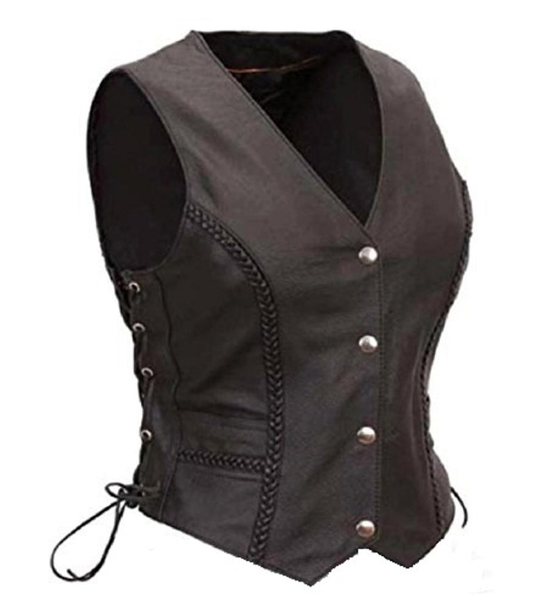 Ladies Real Leather Short Side Lace Motorcycle Biker Waistcoat Vest Gilet Size UK6-18