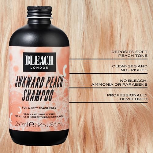 Bleach London Awkward Peach Shampoo - Vegan & PETA-Approved Peachy Toning Formula, for Bleached Hair, Colour Depositing, Achieves Dreamy Peachy Look, Enhances Warm Blonde - Paraben Free - (250 ml)