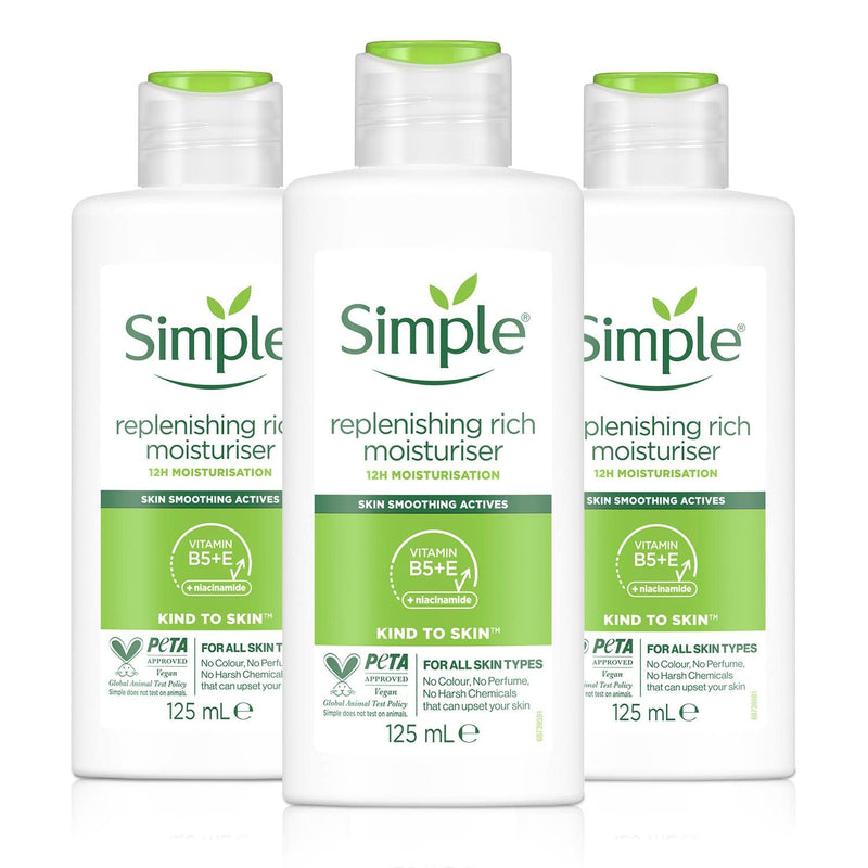 Simple Kind to Skin Replenishing Rich Moisturizer with Skin Smoothing Active for 12 Hours Hydration & Moisturization 125ml, Pack of 30