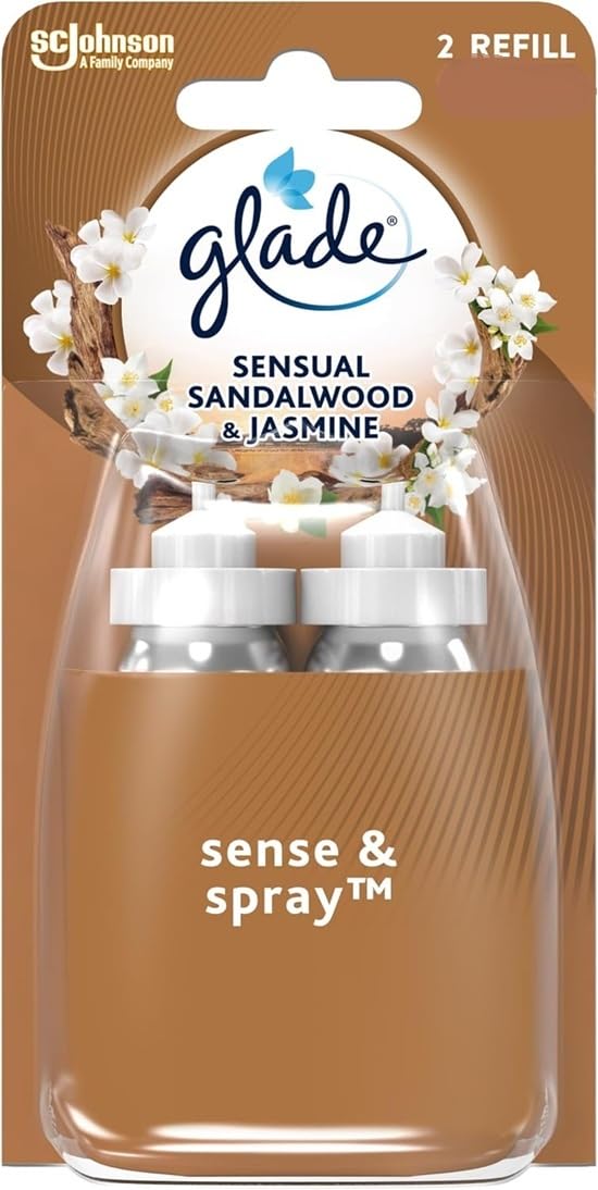 Glade Sense & Spray Air Freshener Refill, Motion Activated Automatic Room Spray and Odour Eliminator for Home, Sandalwood & Jasmine, Duo Pack (2 x 18ml)