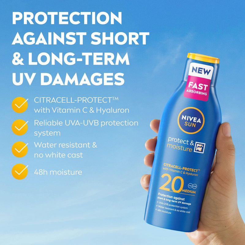 NIVEA SUN Protect & Moisture Sun Lotion SPF 20 Suncream with Vitamin E Provides 48 Hour Moisture and Immediate UVA & UVB Protection