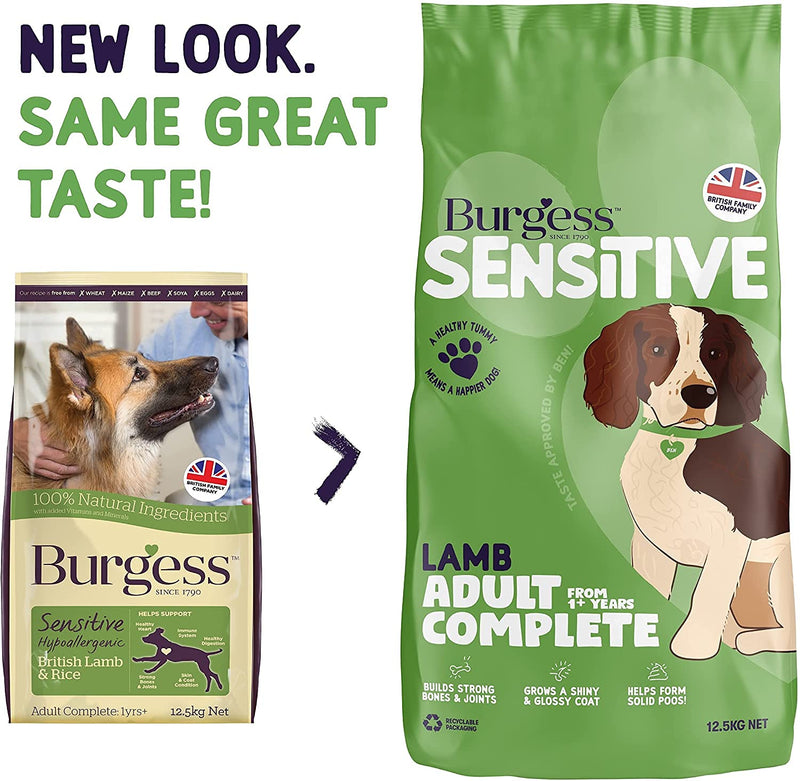 Burgess Sensitive Adult Dog Lamb & Rice 12.5kg Wholesome Complete Dry Dog Food with British Lamb Hypoallergenic Rice Source of Carbohydrate Essential Nutrients & Omega Fatty Acids