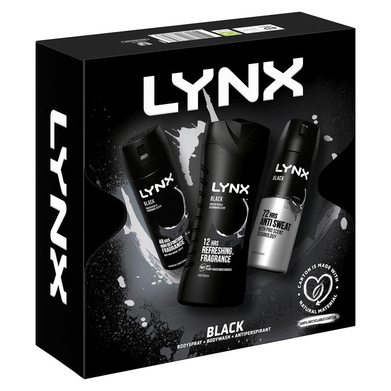 LYNX Black Trio Gift Set For Men Bodyspray 150 ml, Bodywash 225 ml & Antiperspirant 150 ml, Gift For Him, 3.0 count