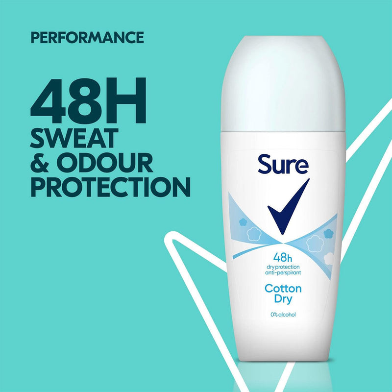 Sure Antiperspirant Roll On Cotton Dry 48H Sweat and Odour Protection Roll On with Fresh, Light and Clean Scent Deodorant for Women, 50ml