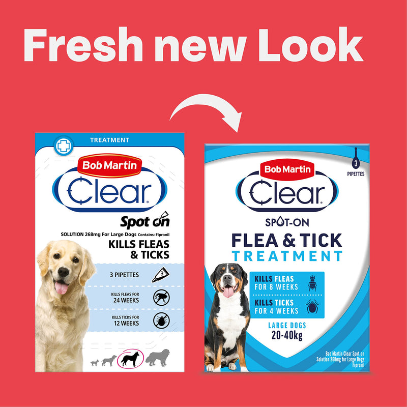 Bob Martin Clear Plus Spot On Flea Treatment for Large, Small and Medium Dogs- Kills Fleas, Ticks, Lice and Flea Eggs (3 Pipettes)