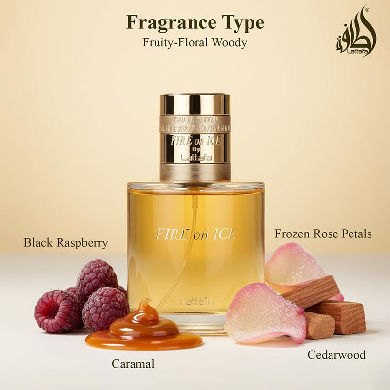 Lattafa Fire On Ice 110ml Eau de Parfum Unisex Perfume | Bold Black Raspberry Frozen Rose Oakwood & Ambroxan | Long-Lasting Scent for Men & Women
