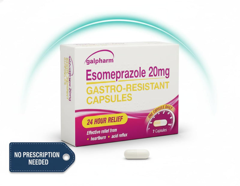 7 Capsules of Galpharm Esomeprazole 20mg Heartburn & Acid Reflux Control - 24 Hour Relief
