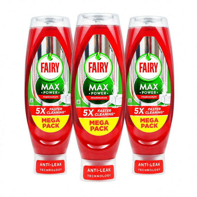 3 x 640ml Fairy Max Power Washing-Up Liquid POMEGRANATE | LiftAction Grease-Cutting Formula | Upside-Down No Flip Cap Bottle | Powerful Clean Every Wash
