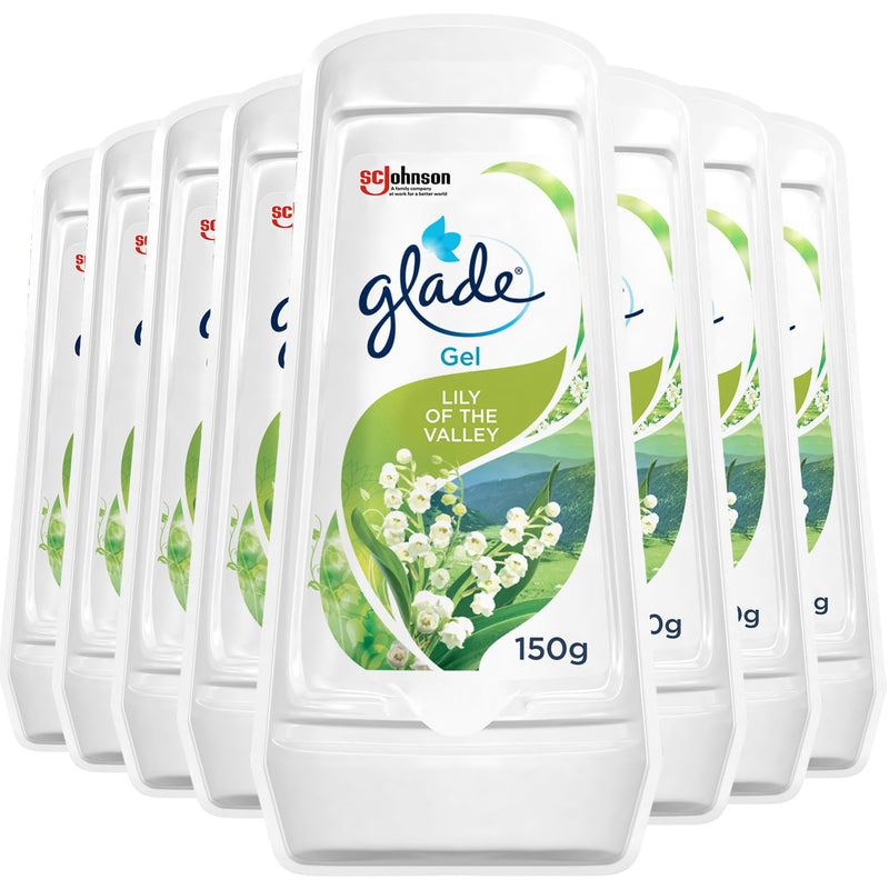 Glade Solid Gel Air Freshener, Odour Eliminator for Home & Bathroom ,Lily of the Valley, Pack of 8 (8 x 150g)