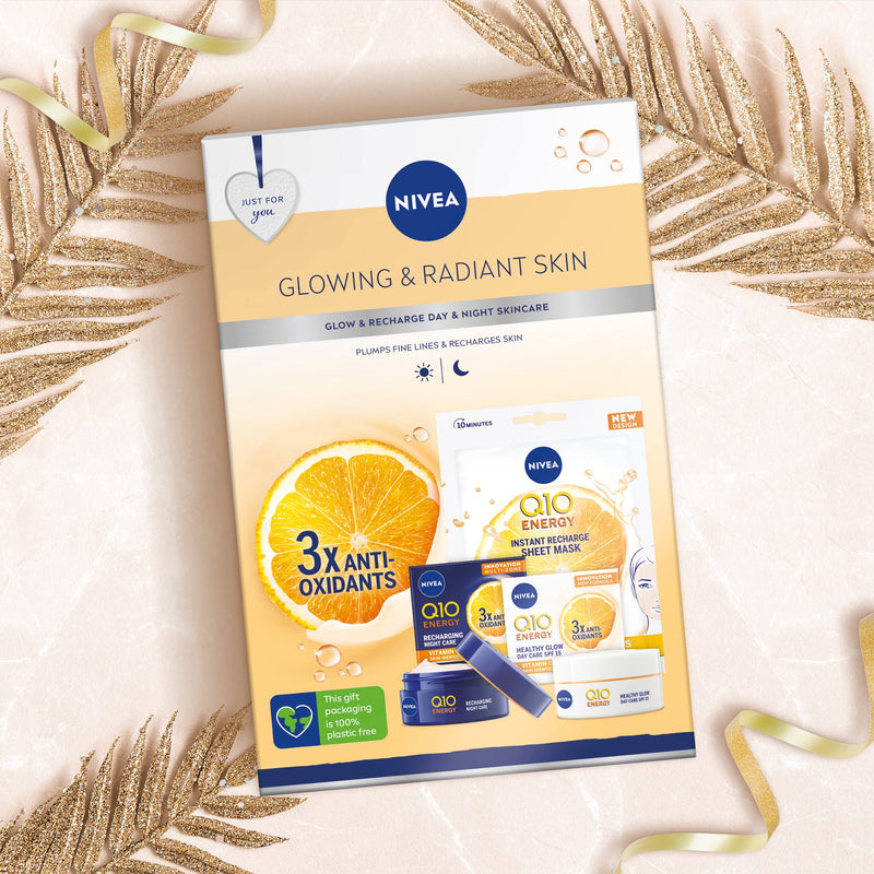 NIVEA Glowing & Radiant Gift Set (3 Pieces), NIVEA Gift Set Includes 100% Skin Identical Q10 Enriched Day Cream, Night Cream, and Face Sheet Mask, Gifts for Women