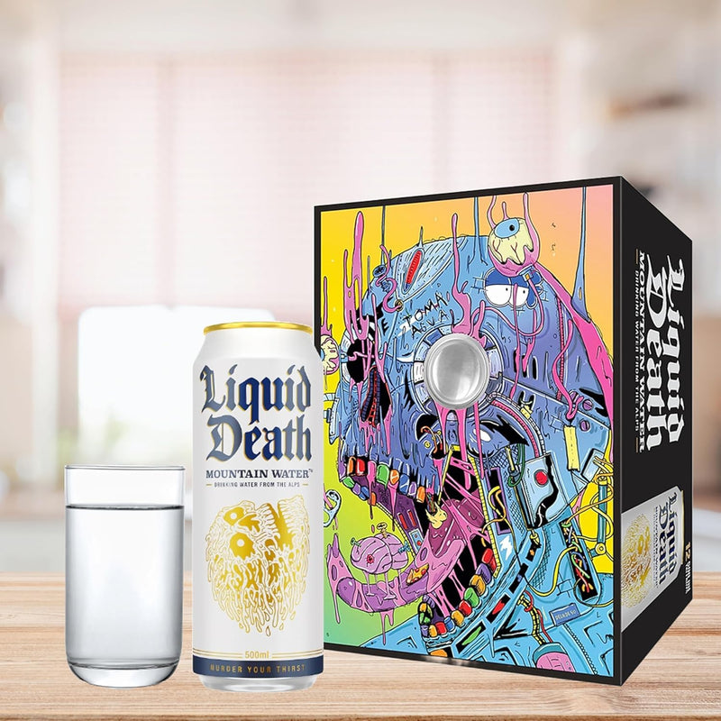 Liquid Death Still Drinking Water - Pack of 24 Cans x 500ml Drinking Mountainwater From The Alps. Canned - Perfect Companion for any Outdoor Activity, Trip Drink or Workout, Gym