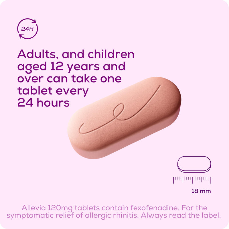 Allevia Hayfever Allergy Tablets, Prescription Strength Fexofenadine, 24hr Relief Acts Within 1 Hour, Including Sneezing, Watery Eyes, Itchy and Runny Nose