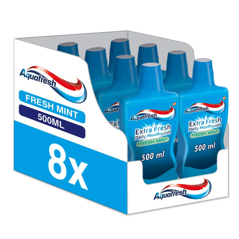 Aquafresh Mouthwash Extra Fresh Daily Mouthwash Fresh Mint, from 6 Years to Adults, Pack of 8 x 500ml