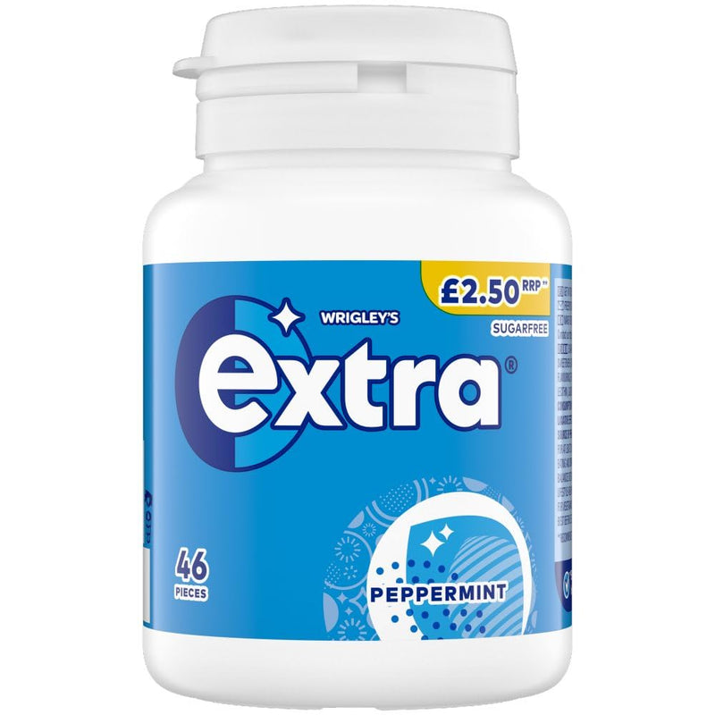 Wrigley's Extra Chewing Gum, Peppermint Flavour, 6 Bottles of 46 Pieces, Extra Blue, Price Marked, Sugar Free Chewing Gum, Bulk Pack with Xylitol, 276 pieces