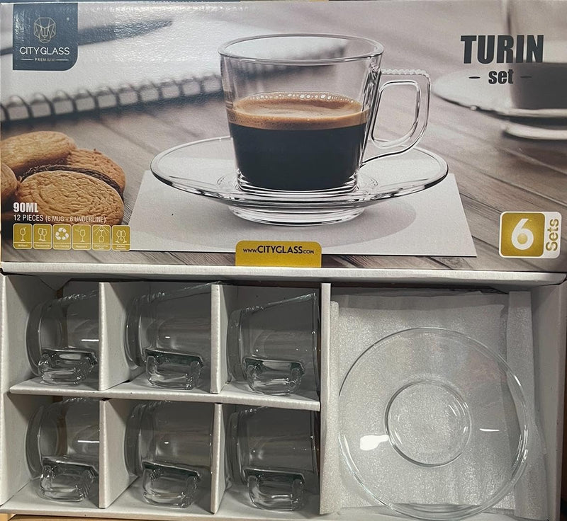 Turin Glass Espresso Cup Set, 90ml, 6 Cups and Saucers, Clear