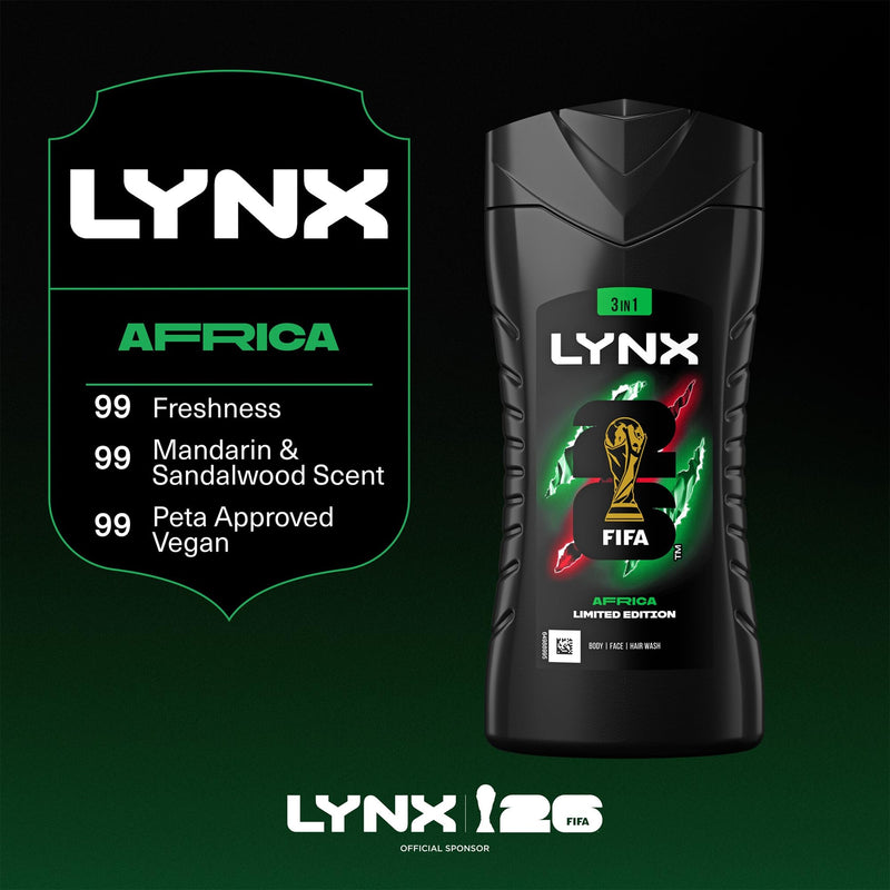 Lynx Limited Edition FIFA Africa 3-in-1 Body Wash 225ml, 12 Pack Men's Shower Gel for Body Hair Face, 12H Refreshing Fragrance, Hydrating Cleansing Shower Gel, Daily Grooming Body Wash for Men
