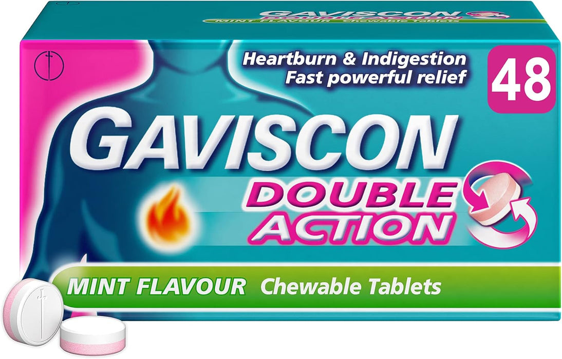 Gaviscon Double Action Tablets, Mint Flavour, 48 Tablets, Indigestion and Heartburn Relief, Indigestion Tablets, Acid Reflux, Antacid, Gets to Work Instantly, Lasts 2X Longer, Antacids