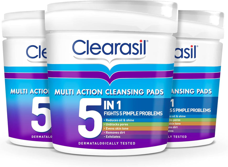 Clearasil 5-In-1 Multi-Action Cleansing Salicylic Acid Pads, Face Exfoliating For Acne Prone Skin, Unblock Pores, Reduces Blackheads, Pimples & Excess Oil, Everyday Spot Prevention, 65 Each x 3