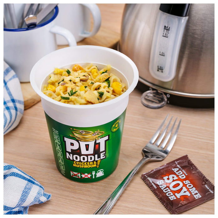 Chicken & Mushroom Pot Noodle Multipack - Pack of 12 x 90g Instant Pot Noodles with Topline Card. Chicken Soup Snack Pots Bulk Buy for Camping Food, Picnics or School Holidays.