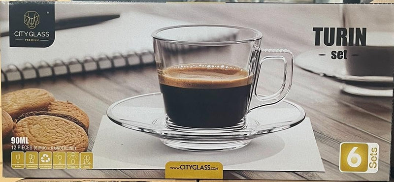Turin Glass Espresso Cup Set, 90ml, 6 Cups and Saucers, Clear