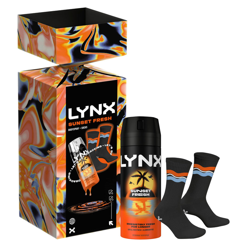 Lynx Sunset Fresh Body Spray & Socks Cracker Gift Set with our latest body spray deodorant scent perfect for any occasion 1 piece