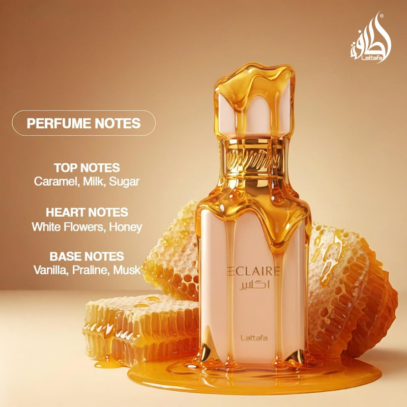 Lattafa Eclaire Eau de Parfum 100ml for Women - Long Lasting Soft Sweet Musk Perfume with Caramel, Milk, Sugar, White Flowers, Honey, Vanilla & Musk
