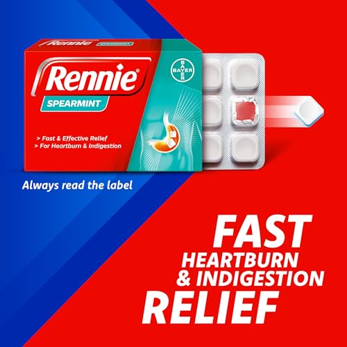 Rennie Antacids, Spearmint Flavour Heartburn Relief and Indigestion Tablets, Fast and Effective Relief for Acid Reflux, 4 Packs of 96 Tablets