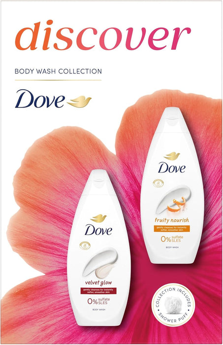 Dove Discover Duo Gift Set Body Wash Collection with a shower puff perfect gifts for her 2 piece