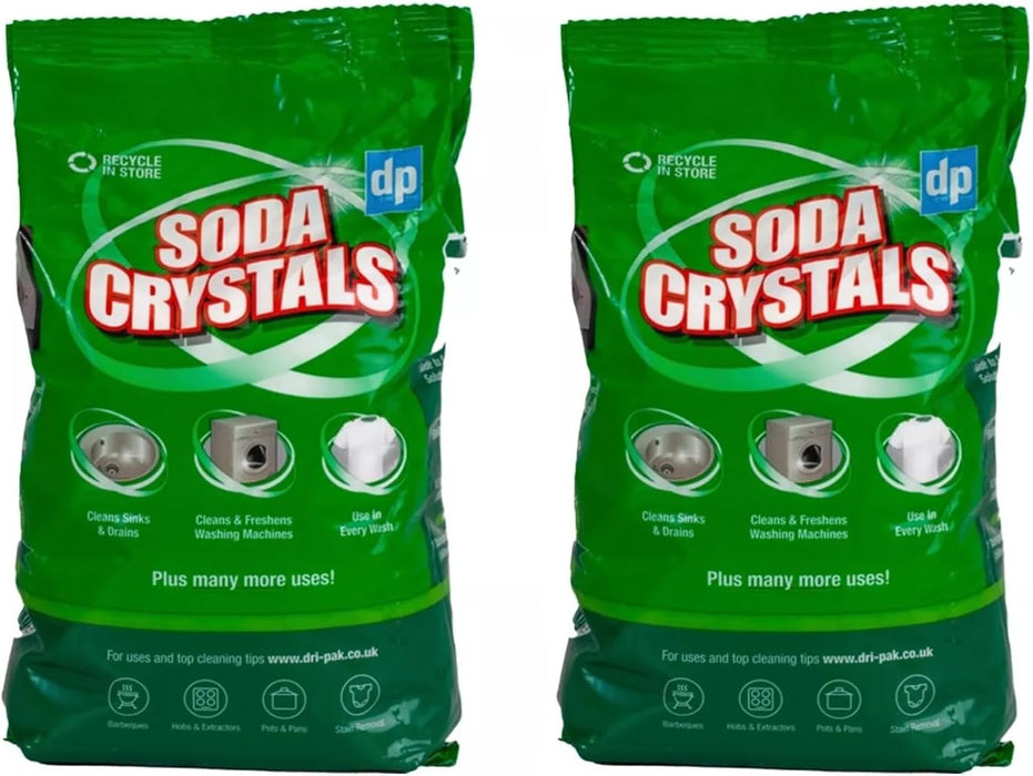 Dri Pak Soda Crystals 1kg â€“ Natural Multi-Purpose Household Cleaner, Laundry Booster & Degreaser â€“ Eco-Friendly Water Softener, Odour Neutraliser, Sink & Drain Unblocker Green - 2 Pack