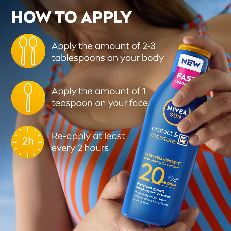 NIVEA SUN Protect & Moisture Sun Lotion SPF 20 Suncream with Vitamin E Provides 48 Hour Moisture and Immediate UVA & UVB Protection