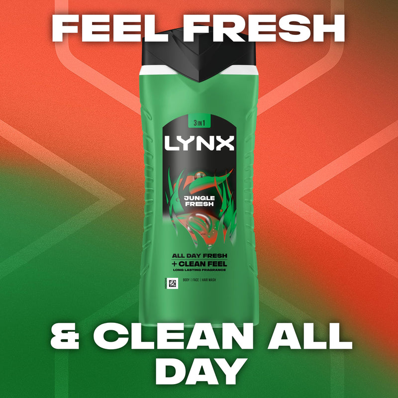Lynx Jungle Fresh 3-in-1 Body Wash Hair, Face and Body Cleanser shower gel with a palm leaf & amber scent for an all day fresh & clean feel 6x 500 ml