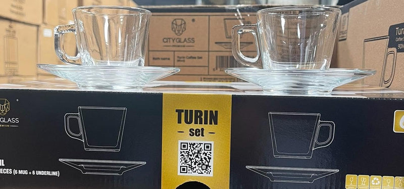 Turin Glass Espresso Cup Set, 90ml, 6 Cups and Saucers, Clear