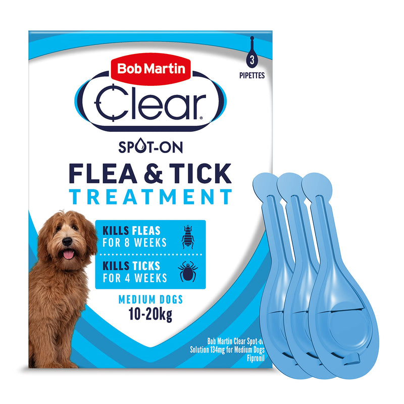 Bob Martin Clear Plus Spot On Flea Treatment for Large, Small and Medium Dogs- Kills Fleas, Ticks, Lice and Flea Eggs (3 Pipettes)