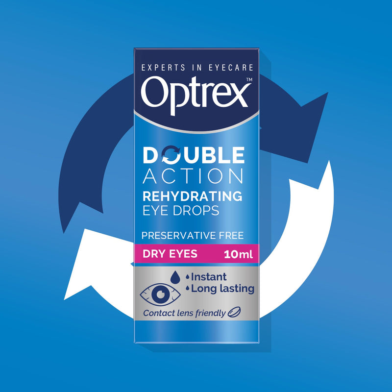 Optrex Double Action, Dry Eyes, 10 ml, Moisturising Drops for Dry & Tired Eyes, Fast Long-Lasting Relief, Restores Moisture, Suitable with Contact Lenses, Eye Care Solution, Instant Relief