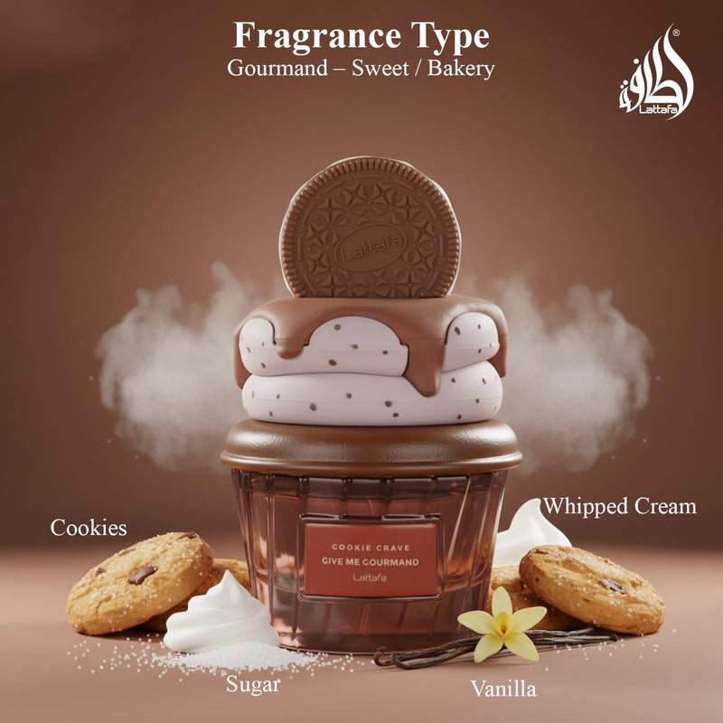 Lattafa Cookie Crave Eau de Parfum, Give Me Gourmand Collection - Sweet Vanilla Cookie Scent, Cocoa Butter and Sugar Notes, Spray Form, Unisex Perfume 75ml