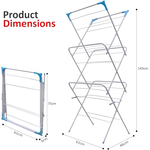 3 Tier Folding Clothes Airer - For Laundry, Indoor And Outdoor | Non-Slip Feet & Corner Spaces for Hangers | Home Storage - Foldable Drying Rack, Lightweight, Space Saving Washing Line