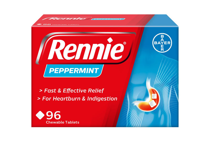Rennie Peppermint Antacid Chewable Tablets, Heartburn Indigestion, 96 Pack