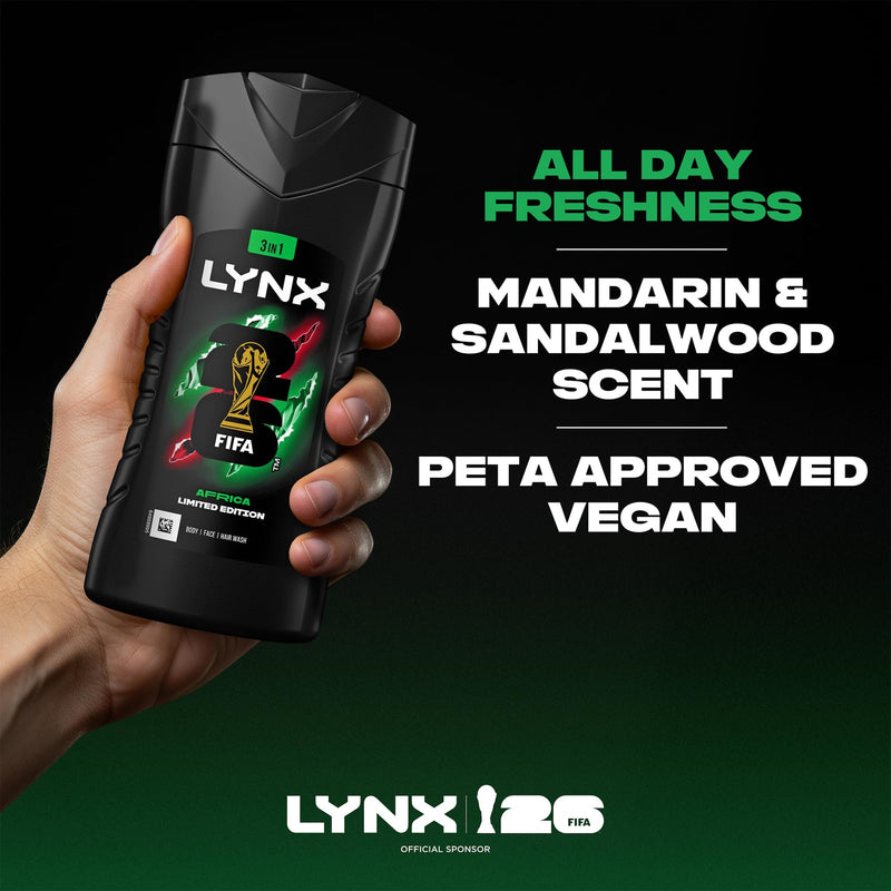 Lynx Limited Edition FIFA Africa 3-in-1 Body Wash 225ml, 12 Pack Men's Shower Gel for Body Hair Face, 12H Refreshing Fragrance, Hydrating Cleansing Shower Gel, Daily Grooming Body Wash for Men