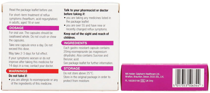 7 Capsules of Galpharm Esomeprazole 20mg Heartburn & Acid Reflux Control - 24 Hour Relief