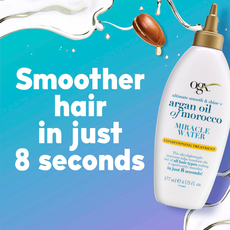 OGX Ultimate Smooth & Shine with Argan Oil of Morocco Miracle Water Conditioning Treatment, with Vitamin B5, Makes Hair Smoother in Just 8 Seconds, 177ml