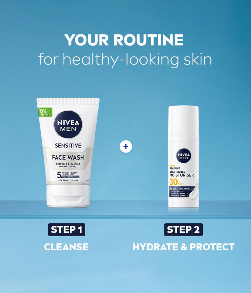 NIVEA MEN Sensitive Face Skincare Gift Pack (2 Products), Gift Set For Men, Includes Face Wash (100ml) and Daily Moisturiser With SPF30 (50ml), Ideal For Sensitive Skin