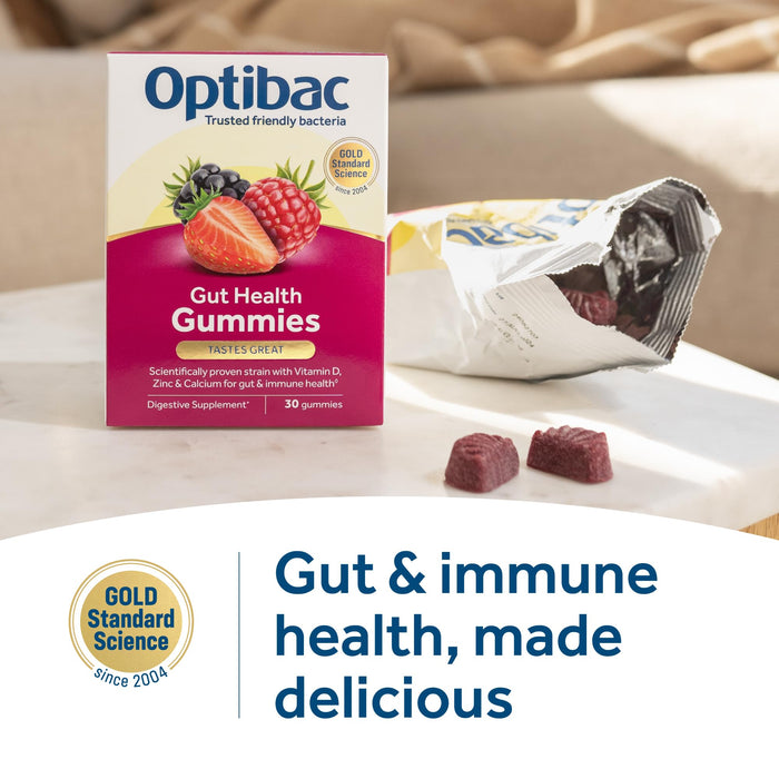 Optibac Probiotics Gut Health Gummies - Vegan Digestive Probiotic Supplement with Vitamin D, Zinc & Calcium for Immune Support & Gut Health - 5 Billion Bacterial Cultures - 30 Gummies
