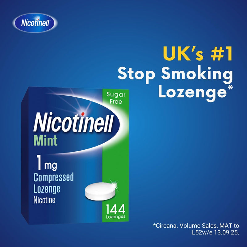 Nicotinell Mint Lozenge 1mg (144 Lozenges), Stop Smoking Aid, Sugar Free Nicotine Lozenges, Fresh Mint Flavour, 1mg Regular Strength for Light Smokers, Quit Smoking Aid
