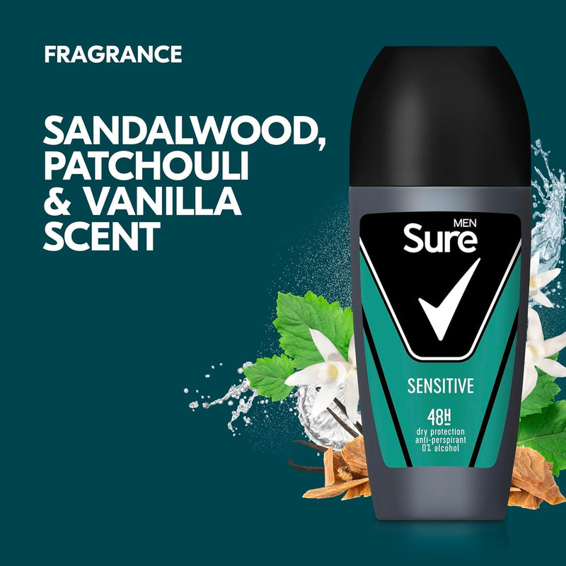 Sure Antiperspirant Roll On Sensitive 48H Sweat and Odour Protection Roll On with Sandalwood, Patchouli and Vanilla Fragrance Deodorant for Men, 50ml